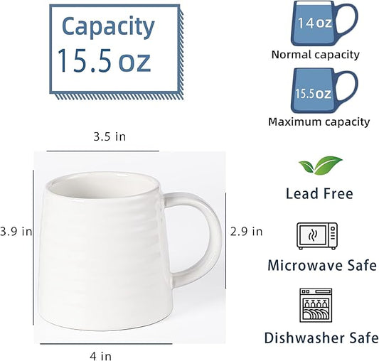 Large Ceramic Coffee Mug, Handmade Pottery Mugs, Tea Cups with Big Handle for Office and Home, 15.5 oz, Dishwasher and Microwave Safe (White)