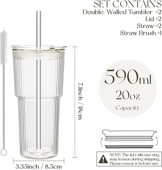 KEMORELA 2PCS 20oz Double Wall Ribbed Glass Cups with Lids and Straws, Insulated Borosilicate Glass Tumblers, Heat-Resistant, leak-proof Design for Iced Coffee, Bubble Tea, Juice, Dishwasher Safe