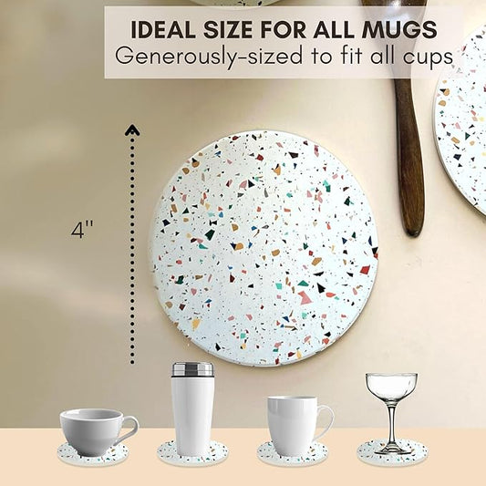 Absorbent Coaster Set of 6 with Holder, Drink Coasters for Coffee Table, Kitchen, Home Decor, Cute Ceramic Round Coasters, Alternative to Silicone, Cork or Glass Coaster (Confetti with Black Holder)