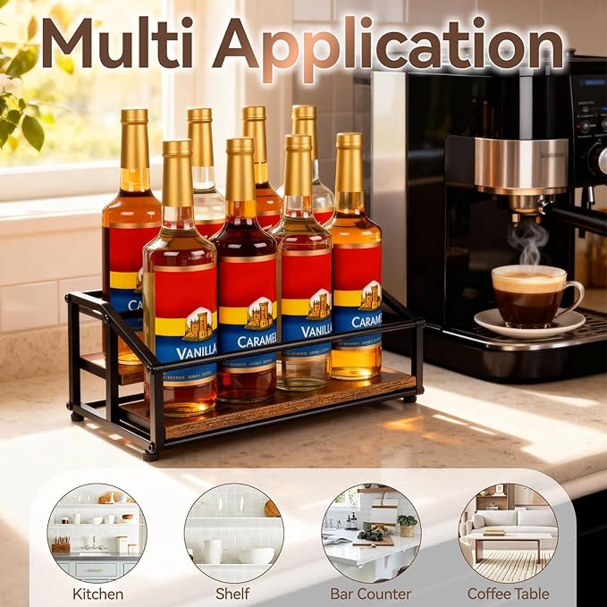 kimilus Coffee Syrup Organizer Rack, Liquor Bottle Display Shelf, 2 Tier 8 Syrup Bottles Holder Stand for Coffee Bar Kitchen Small Wine Rack for Family Storage for Syrup Wine Dressing