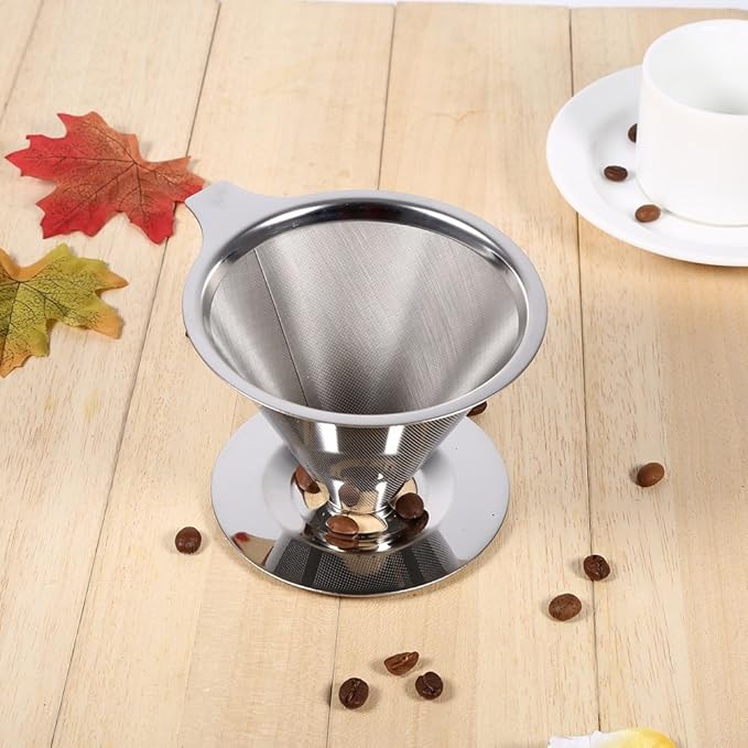 Pour Over Coffee Dripper, Cone Paperless Stainless Steel Coffee Filter with Non Slip Cup Stand Double Layer Reusable Mesh Coffee Maker for Home Office Traveling Camping