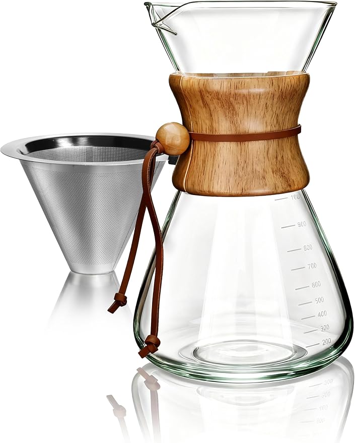AGOGO Pour Over Coffee Maker Glass - 6/8/10 Cup Barista Kit with 304 Stainless Filter for Home, Office, Camping, Cafes - Easy Clean Coffee Dripper Set (Rag&Brush Included) (10 Cup/34 oz-Slim Shape)
