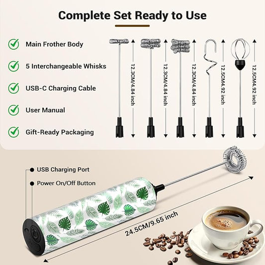 Milk Frother Handheld Rechargeable - 2-Speed Electric Whisk with 5 Detachable Heads (Frother/Mixer/Whisk) for Coffee, Latte, Cappuccino & Matcha, Drink Mixer (Flower 12)