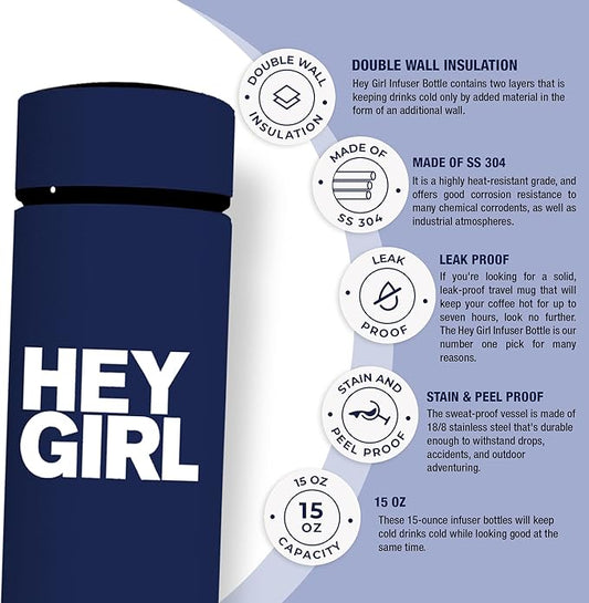 Hey Girl Tea Infuser Bottle 450ml - Insulated Stainless Steel Water Bottle - Tea Tumbler with Tea Diffuser - Portable Travel Mug for Loose Leaf Tea & Infused Water - Tea Lovers Gifts for Women