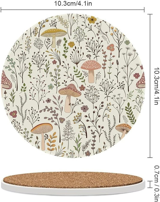 Round-6PCS Botanical Drink Coasters, Round Modern Ceramic Absorbent Coasters, Colorful Mushroom Floral Green Leaves Boho Plants Botanical Decor Desk Coffee Table Coaster for Beverage Cup Tea Coasters