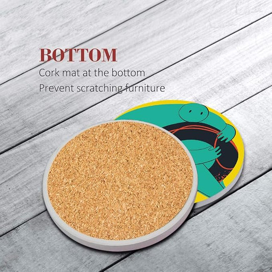 Britimes Table Coaster for Drinks Set of 6, Cute Funny Vintage Music Retro Geometric Coffee Absorbent Round Ceramic Stone Mat, with Cork Base and Metal Holder, Gift for Housewarming Room Bar Decor