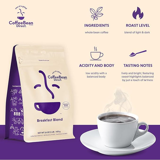 Coffee Bean Direct Breakfast Blend, Whole Bean Coffee, Mild and Mellow, Mixed Roast Level, 1 Pound Bag (Pack of 1)