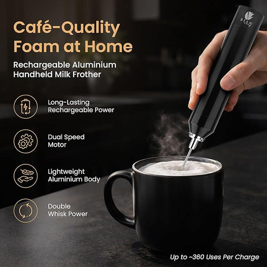 Bean Envy Rechargeable Milk Frother Handheld, Aluminium Coffee Frother Handheld with Stainless Steel Frother Wand, Best Coffee Frother Gift | Adjustable Speed Frother (USB C Cable and Stand Included)