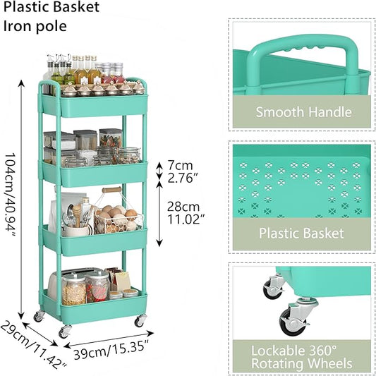 Sywhitta 4-Tier Plastic Rolling Utility Cart with Handle, Multi-Functional Storage Trolley for Office, Living Room, Kitchen, Movable Storage Organizer with Wheels, Green