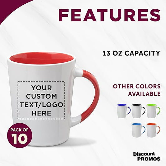 Custom Ceramic Latte Coffee Mugs by Albany 13 oz. Set of 10, Personalized Bulk Pack - Perfect for Coffee, Tea, Espresso, Hot Cocoa, Other Beverages - Red