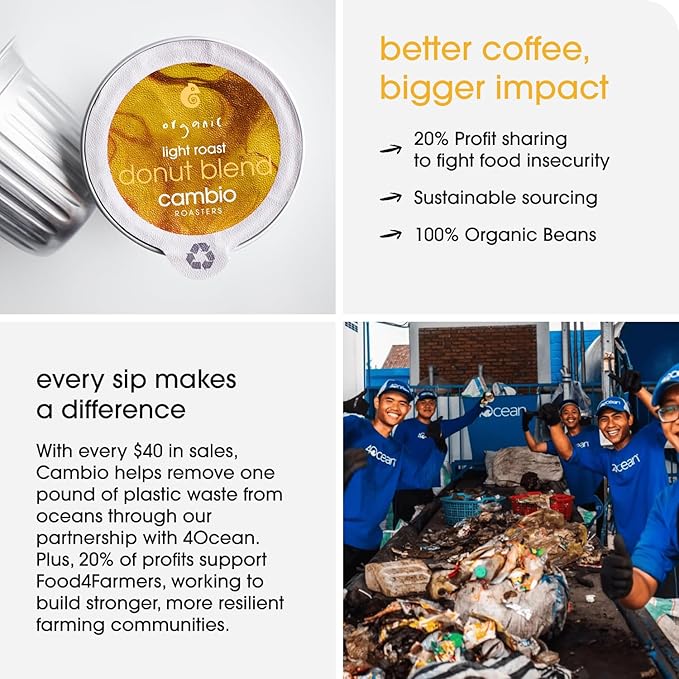 Cambio Roasters Organic Coffee Pods - Donut Blend Light Roast, The Only Organic Recyclable Aluminum Coffee Pods, Small Batch Roasted, Keurig Compatible, Balanced Flavor, Longer Lasting Freshness, 60 Count