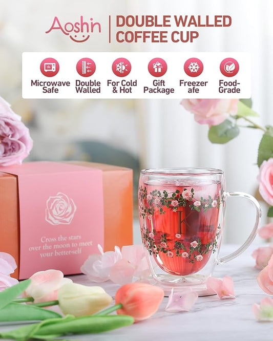 Initial Glass Cup for Women, 12oz Rose Double Walled Glass Coffee Mugs, Personalized Gifts for Women, Initial Coffee Tea Mug with Scarf, Birthday Wedding Gifts for Her Mom Teacher (ROSE-Y)