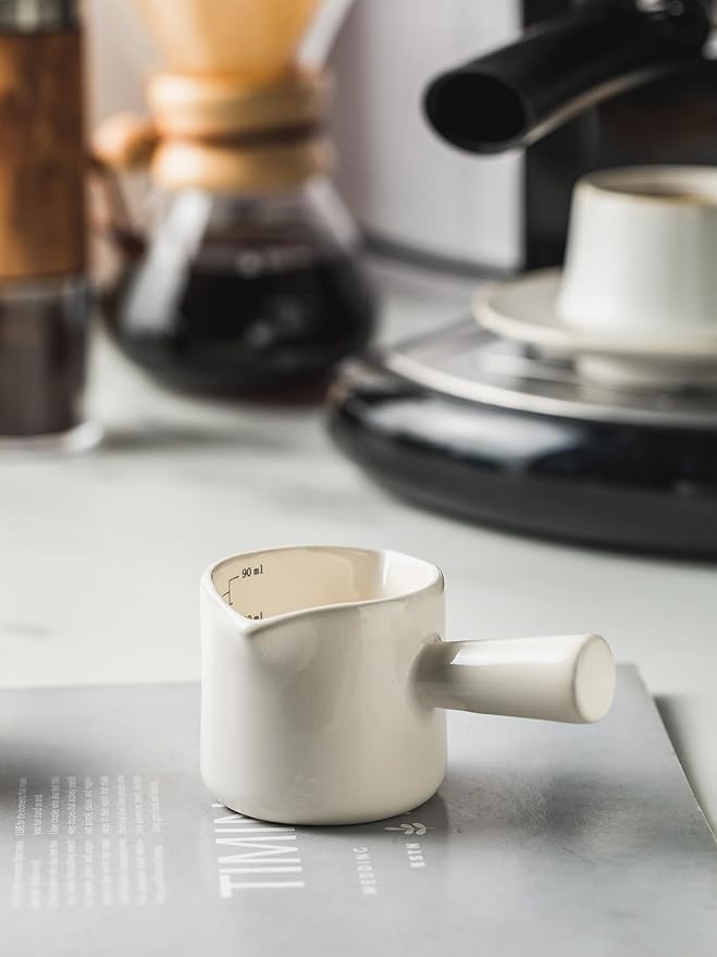 YHOJOY Espresso Measuring Cup, Ceramic Espresso Cup Double Spouts Expresso Shots Cup with Handle, Espresso Accessories, 3 Oz/ 90 Ml, White