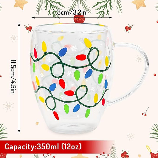 JarThenaAMCS Christmas Double Wall Glass Coffee Mugs 12Oz Colorful Xmas Light Bulb Insulated Glasses Clear Espresso Cups with Handle for Winter Holiday Supplies, Set of 2