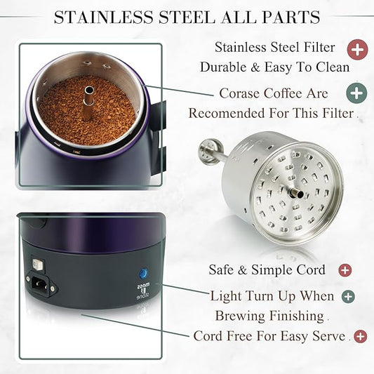 Moss & Stone 10 Cup Purpale Percolator Coffee Pot Electric, Stainless Steel Coffee Percolator Electric With Keep Warm Function, Classic Perculator Pot With Removable Basket for Home or Office