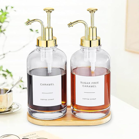 Coffee Syrup Dispenser, Coffee Bar Accessories 16.9 oz 500 ml - 2 Pack Glass Bottles with Pumps and Labels for Cafe or Home Bar, Kitchen(Gold Pump)