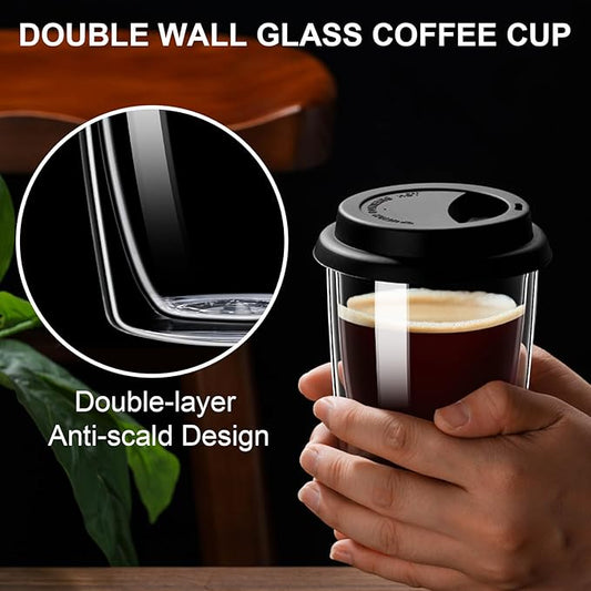 Double Walled Glass Coffee Mugs, Glass Coffee Cugs with Silicone Lid 12OZ, Insulated Coffee Mug, Clear Coffee Mug for Travel/Kitchen(Black)