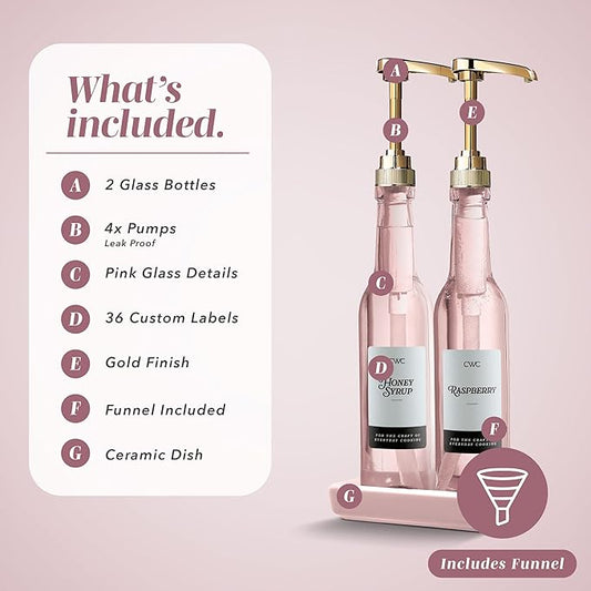 COOK WITH COLOR Glass Coffee Syrup Dispenser with Pump- Set of 2 Syrup Bottles for Coffee Bar, Decorative 350 ML Bottle with Ceramic Holder, Funnel, Labels and Extra Pumps, Pink