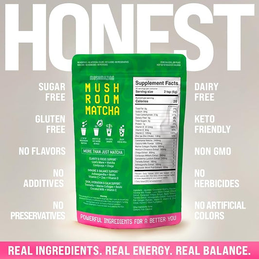 Mushroom Matcha + Lion’s Mane, Ashwagandha, Collagen - Focus, Energy & Immune Support - 30 Servings of Adaptogen Superfood Blend for All Day Coffee Alternative