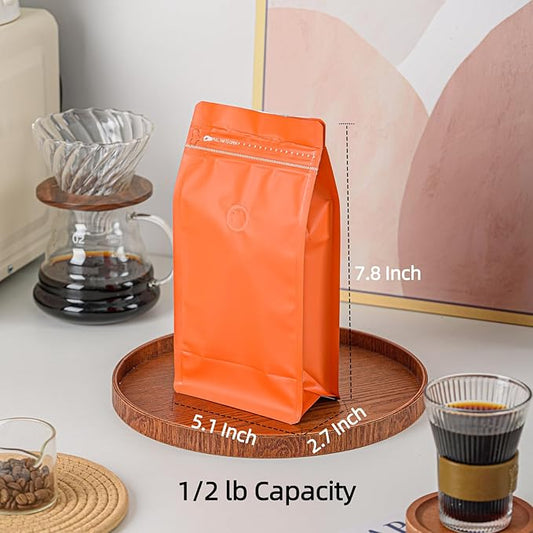 50 Pcs 0.5lb Orange Long Coffee Bean Bags No-Valve, Easy Tear Open & Repeating Sealed Zipper, Heat-Seal Stand Up & Flat Bottom Coffee Bag, 8oz Capacity 5.1x7.8 Inch
