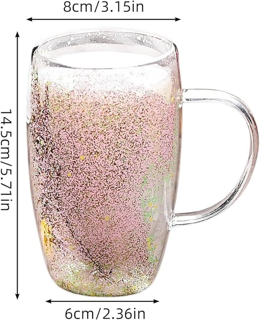 Creative Flowers Double Wall Clear Glass Coffee Mug with Handle, Aesthetic Dried Flowers Coffee Mug, Clear Double Insulated Glass Cup for Hot and Cold Beverages, Cappuccino, (B)