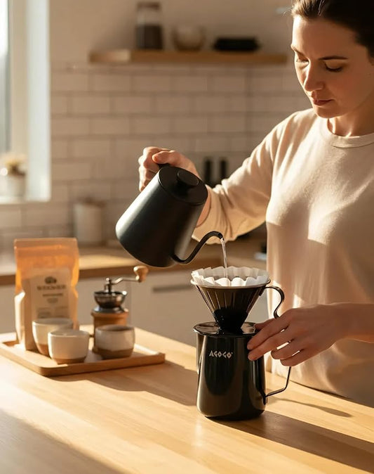 AGOGO Portable Pour Over Coffee Maker V60 Set - Easy Cleaning Compact 304 Stainless Steel Dripper for Camping & 50 Filters Paper & Cleaning Rag Black 20 oz