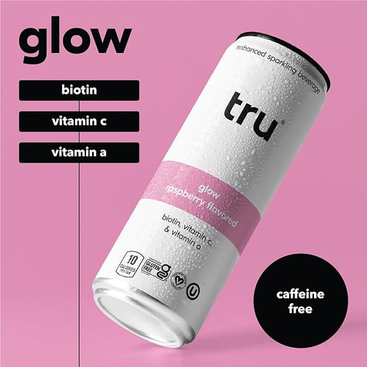 Tru Glow Seltzer, Sparkling Water with Biotin, Vitamin C, Vitamin A & Real Raspberry Juice, Sweetened with Monk Fruit & Stevia, Gluten Free, Vegan, Caffeine & Sugar Free, 12 FL OZ Cans, 12 Pack