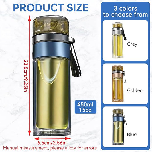 Glass Tea Infuser Bottle, Double Wall Portable Tumbler Mug Travel Tumbler Mug Men Tea Infuser Water Bottle (Blue)