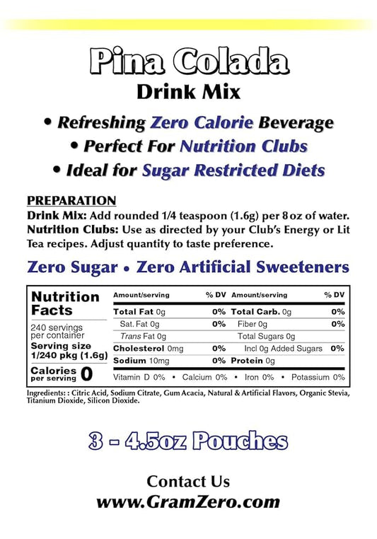 GramZero Pina Colada Zero Calorie Sugar Free Drink Mix, Great For Nutrition Club Loaded Teas, Stevia Sweetened