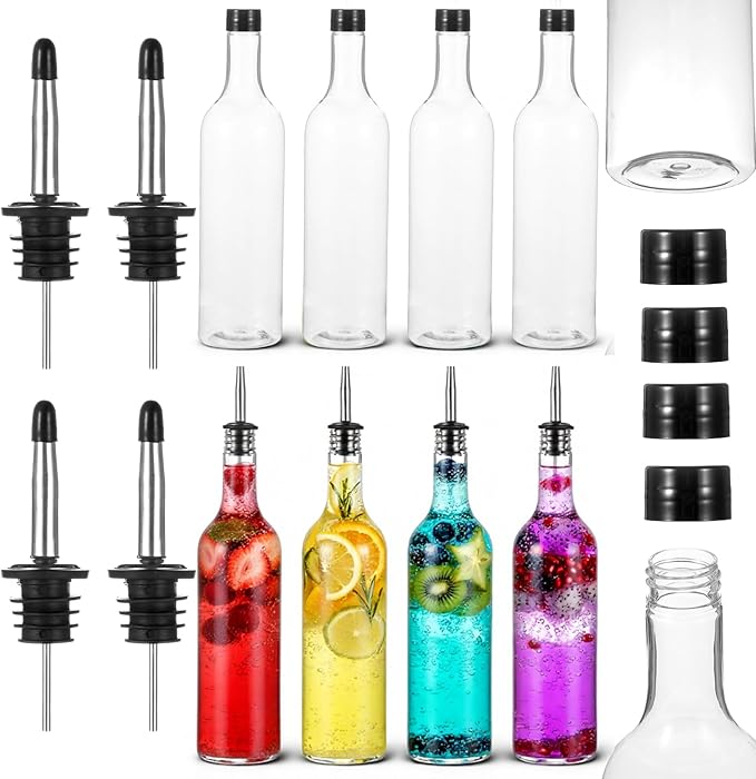 Hpmjz 8 Sets 25 oz Plastic Long Neck Bottles with Pourer and Caps Syrup Juice Liquor Bottles Plastic Leakproof Pour Container with Stainless Steel Pourer Tapered Spout for Home Party Bar
