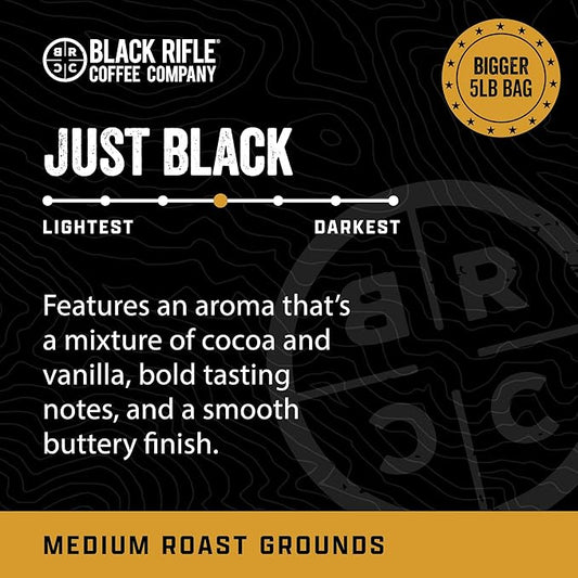 Black Rifle Coffee Company Just Black, 5 lb Bag, Ground Coffee Medium Roast - Roasted Blend Made from Arabica Beans - Colombian & Brazilian Beans - Veteran Founded & American Made