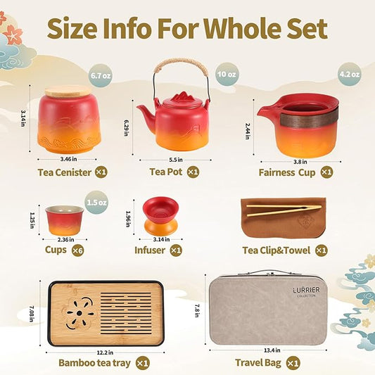LURRIER Gongfu tea sets, Portable Ceramic TeaSet, Asian Tea sets for adult, Tea Gift sets, Grey leather case, Portable Travel Bag,Home,Gifting,Outdoor and Office(Red and Orange)