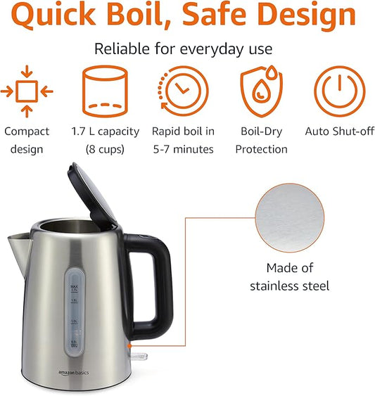 Amazon Basics Electric Stainless Steel Kettle for Tea and Coffee, BPA-Free, Fast Boiling, Auto Shut-Off, Boil-Dry Protection, 1.7 Liter, 1500W, Black and Silver