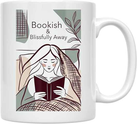 Book Lover Coffee Mug - Bookish & Blissfully Away Design - 11 oz White Ceramic - Minimalist Aesthetic