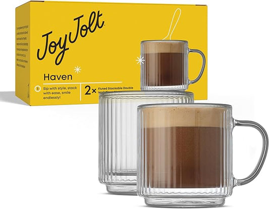 JoyJolt Haven Stackable Fluted Glass Mugs Set of 2, 5.5oz Ribbed Double Wall Glass Coffee Mugs, Stacking Insulated Coffee Cup Set also for Espresso Shot Tea Latte Macchiato Cappuccino