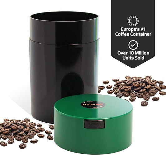 Coffeevac 1LB – Patented Airtight Container | Multi-use Vacuum container works as smell proof containers for ground coffee and coffee bean containers. Black cap and green body.