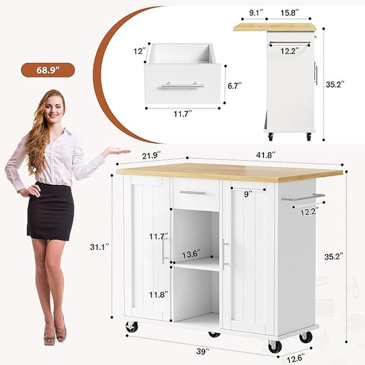 JY QAQA 42" Kitchen Island with Storage on Wheels, Rolling Table with Drop Leaf, Drawers, Cart Handle for Towel Rack or Free Movement, White