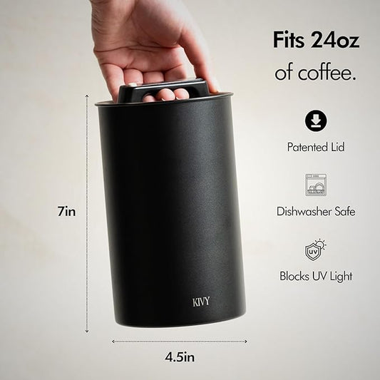 KIVY Vacuum Coffee Canister - Push Lid Preserves Coffee Aroma & Oil - Stainless Steel Airtight Coffee Canister - Container for Ground & Coffee Bean Storage - Coffee Storage Jar - Removes Excess Air
