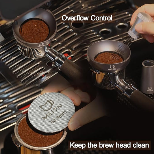 MEION 54mm Espresso Dosing Funnel and Puck Screen Set for 54mm Breville Portafilters, Magnetic Coffee Funnel, Reusable 53.3mm Espresso Puck Screen, Espresso Tools Espresso Accessories (Silver, 54mm)