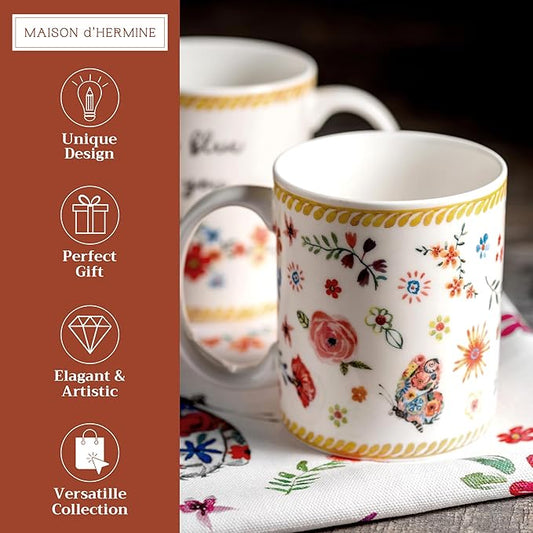 Maison d' Hermine Coffee Mug with Handles Fine Bone China Mugs Pack of Two Tea Cups for Hot Beverages Cappuccino Latte Home Restaurant Office Perfect for Gift (Happy Florals - Sweety, 12 Ounce)