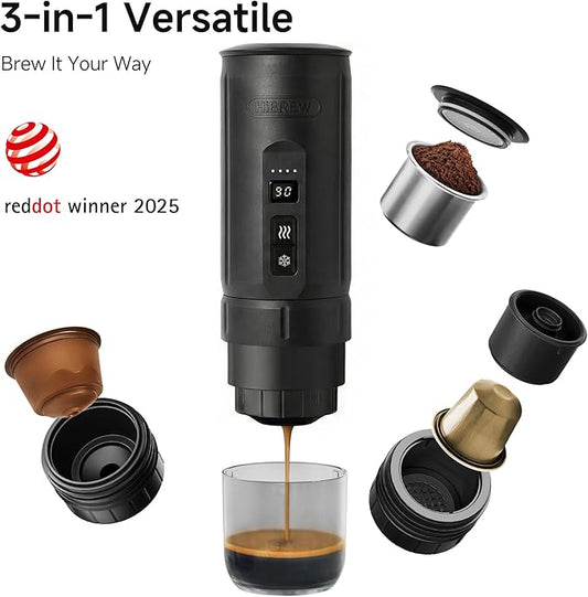 HIBREW H4C Explorer - Portable Electric Espresso Maker, USB-C Rechargeable for Coffee Pods & Ground Coffee, Compact for Home and Travel, with Foldable Holder & Carrying Case (Black)