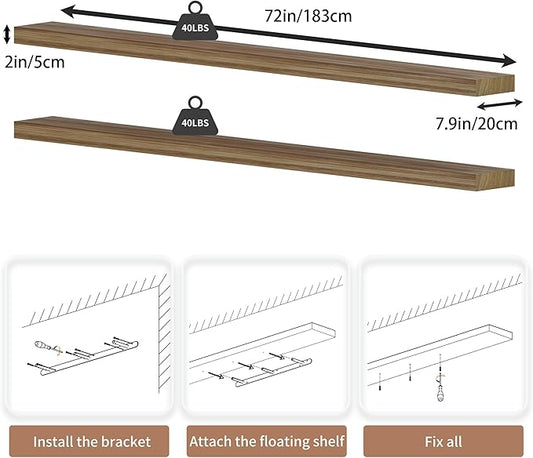 72 inch Long Floating Shelves for Wall,Solid Wood Long Wall Shelves Set of 2,Brwon Wooden Wall Mounted Shelf,Wall Bookshelf Bathroom Shelves