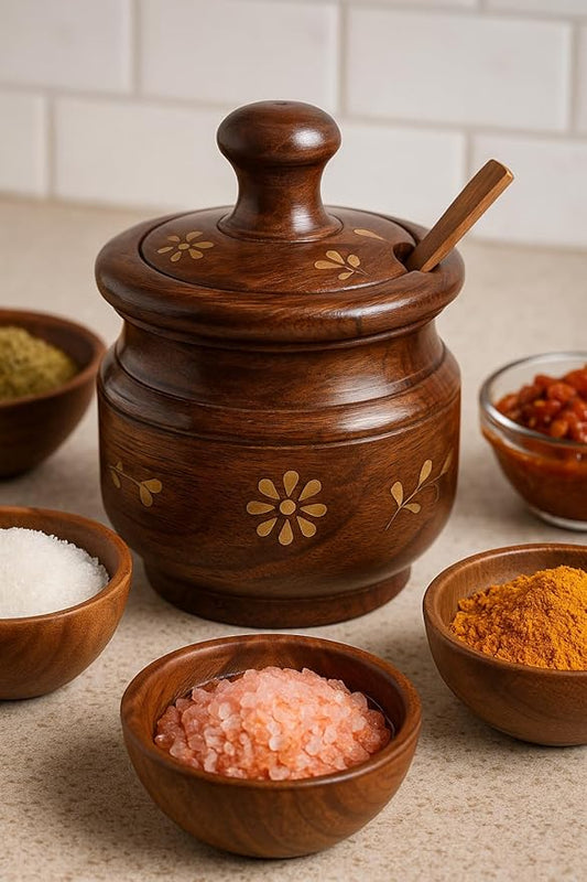 Handcrafted Sheesham Wood Spice Jar with Spoon & Lid | Decorative Wooden Sugar/Spice Container with Brass Inlay | Traditional Kitchen Storage Pot