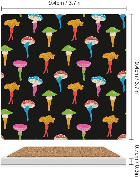 Square-4PCS Botanical Drink Coasters, Square Modern Ceramic Absorbent Coasters, Cartoon Botanical Colorful Mushroom Pattern Decor Desk Coffee Table Coaster for Beverage Cup Tea Coasters
