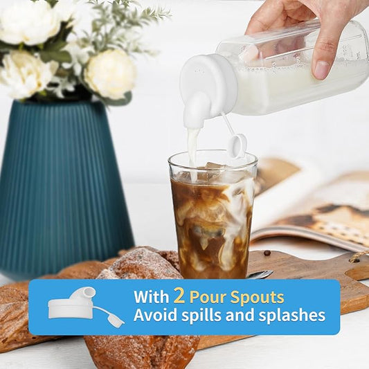 6 Pack 16 Oz Glass Juice Bottles with 2 Pour Spouts, 100% Airtight Heavy Duty SCREW Lid- Reusable Glass Milk Bottles w Scale Mark, Square Drinking Jar Juice Container Breast Milk Pitcher(Extra 2 Lid)