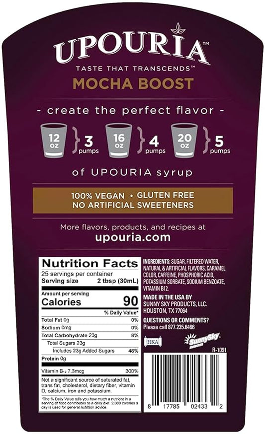 Upouria Mocha Boost Coffee Syrup Flavoring, 100% Vegan, Gluten-Free, Kosher, 750 mL Bottle (Pack of 2) with Coffee Syrup Pump
