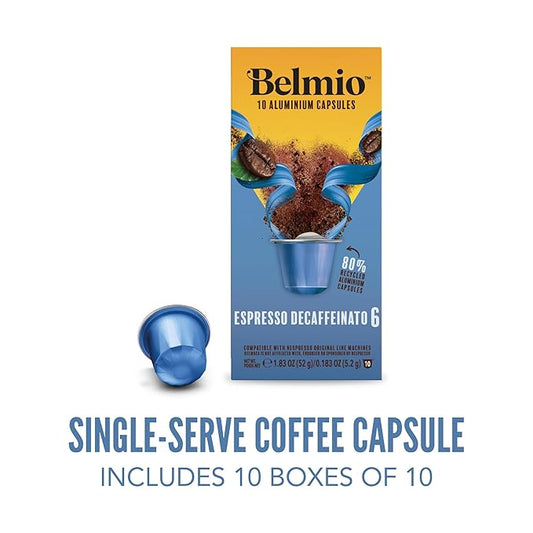Belmio Decaffeinato Espresso Coffee Pods – Medium Roast – Smooth & Aromatic - Nespresso Original Line Compatible – 10 Count (Pack of 10)