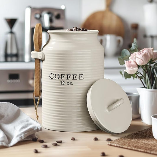 Barnyard Designs Coffee Canister for Kitchen Counter, Decorative Ceramic Coffee Container, Rustic Farmhouse Canister Jar, White (Coffee)