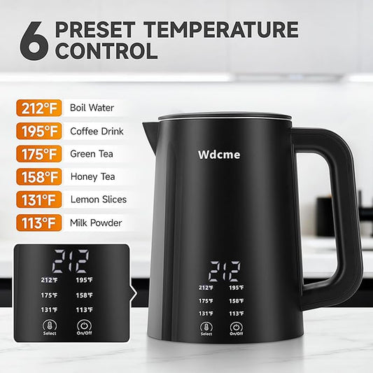 0.6L Small Travel Electric Kettle 800W,6 Temperature Control Dual Voltage 110-240V Smart Tea Coffee Kettle,12H Keep Warm,304 Stainless Steel Portable Hot Water Boiler (Black)