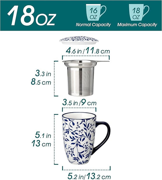 vancasso SELENE Porcelain Tea Mug, 18 oz Porcelain Tea Cup with Infuser and Lid Steeps Loose Leaf Tea, Microwave & Dishwasher Safe, Delicate Floral
